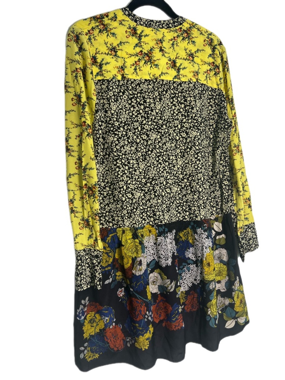 Sandro Floral Patchwork Mini Dress Yellow Black Long Sleeve Boho Size 2 - Picture 3 of 13